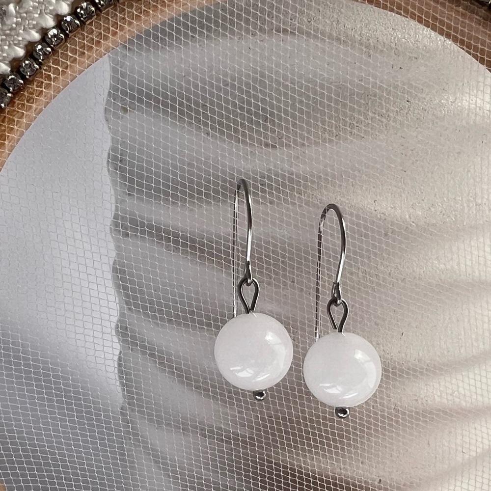 Milky White Jade Stainless Steel Dangle Drop Earrings